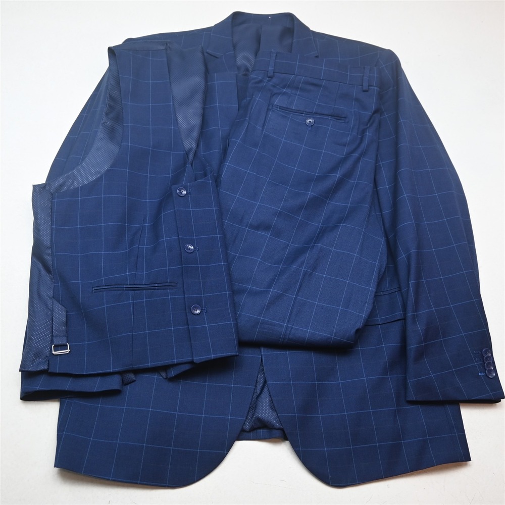 Bocaccio Uomo 46L 40x30 Blue Windowpane 3 Piece Vest Mens Jacket Pants Suit